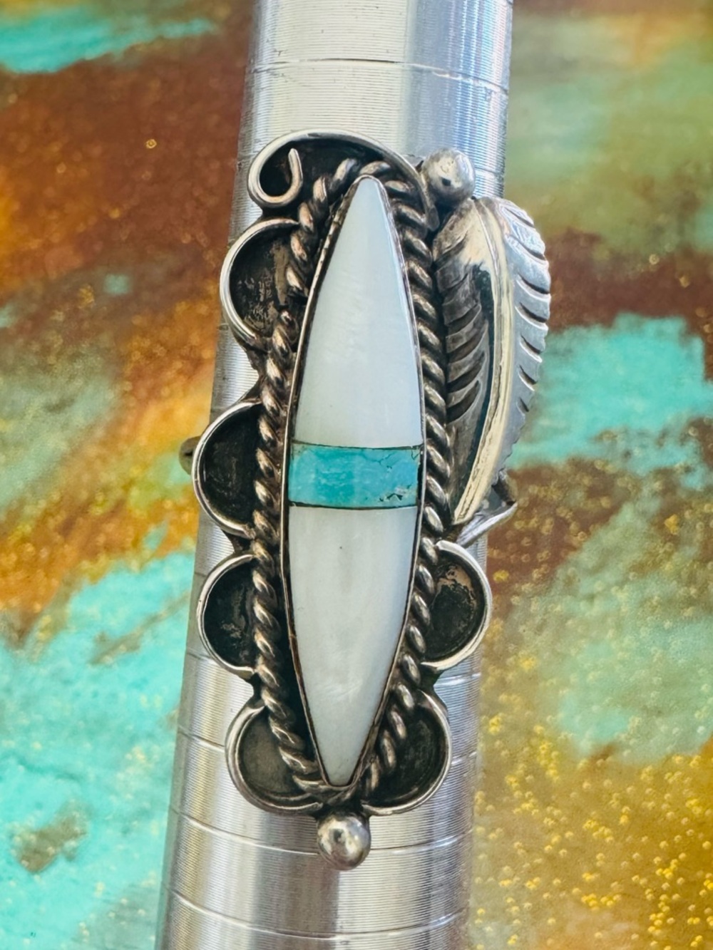 Sterling Silver ring. White mother of pearl and Turquoise Inlay Marquise Ring